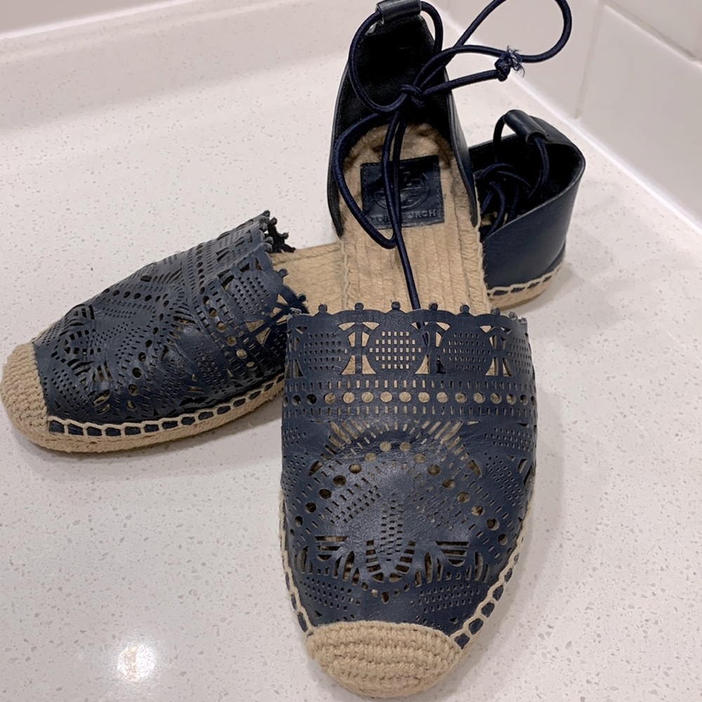 Tory Burch Navy Laser-Cut Espadrille Lace-Up Flats